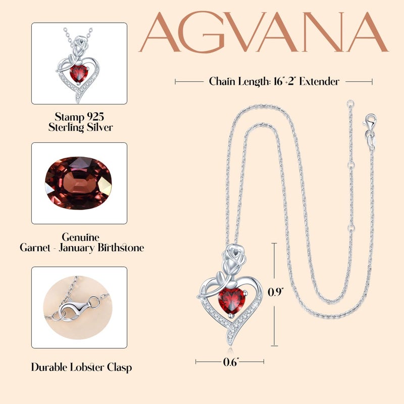 AGVANA January Birthstone Jewelry Garnet Necklace for Women Sterling Silver Rose Flower Heart Pendant Necklace Fine Jewelry Anniversary Birthday Gifts for Women Mom Wife Lady Her - Image 5